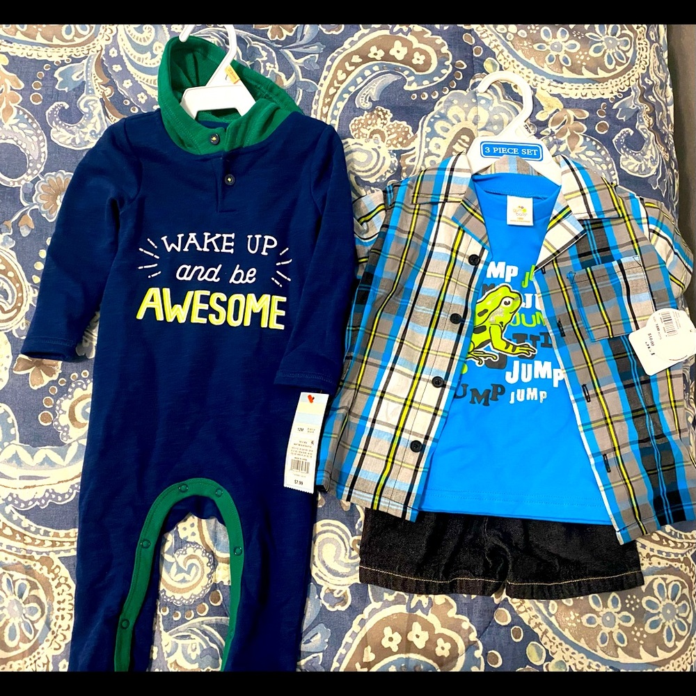 **BRAND NEW** With Tags 12 month onesie, 18 month 3-piece short set and pants